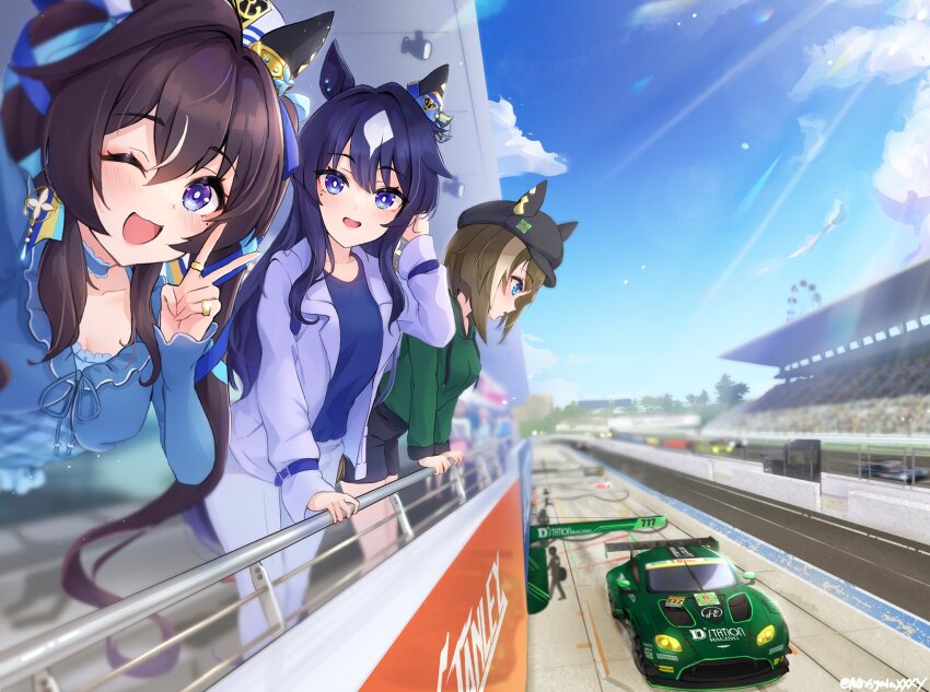 3girls, animal_ears, aston_martin_vantage, black_shorts, blue_eyes, blue_hair, blue_shirt, blush, breasts, bright_pupils, brown_hair, car, cheval_grand_(umamusume), cloud, collarbone, d'station_racing, earrings, green_car, green_hoodie, hair_intakes, highres, hood, hood_down, hoodie, horse_ears, horse_girl, jacket, jewelry, looking_at_viewer, multiple_girls, multiple_rings, one_eye_closed, open_mouth, pants, peteron, purple_jacket, purple_pants, racetrack, real_world_location, ring, shirt, short_hair, shorts, sky, small_breasts, smile, spoiler_(automobile), super_gt, suzuka_international_racing_course, umamusume, v, verxina_(umamusume), vivlos_(umamusume), white_hair, white_pupils
