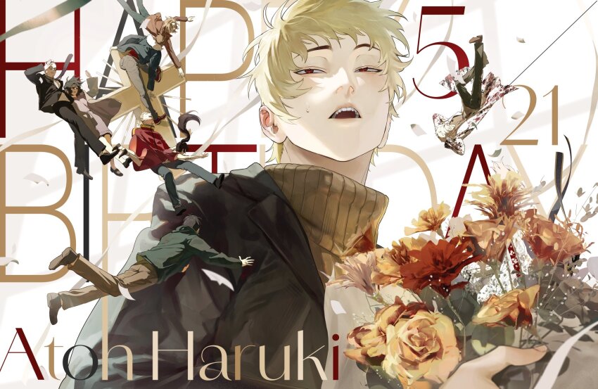 2girls, 6+boys, aiba_ibuki, arms_behind_head, atou_haruki, black_hair, black_jacket, black_pants