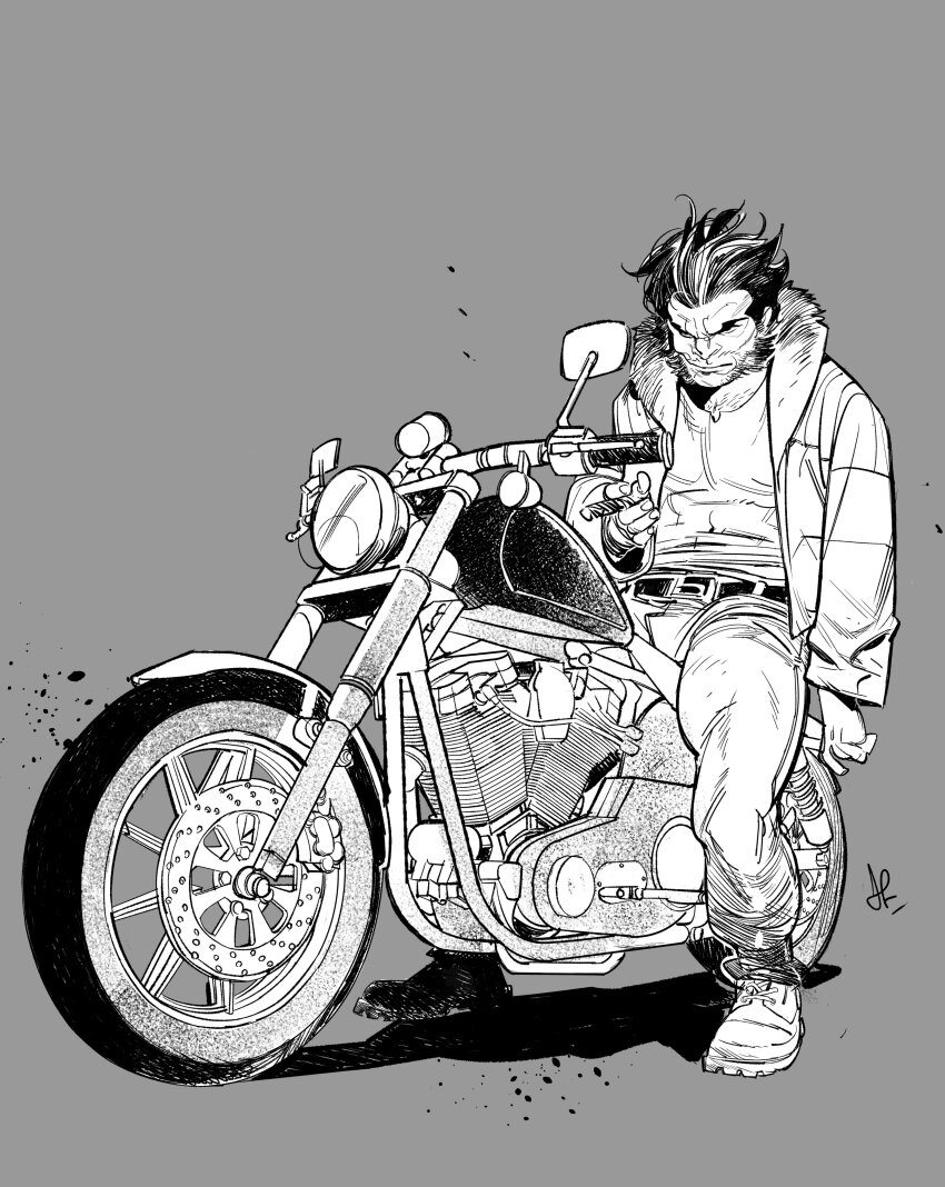 1boy, absurdres, beard, boots, davide_gianfelice, facial_hair, grey_background, greyscale, hair_behind_ear, highres, jacket, leaning_back, male_focus, marvel, monochrome, motor_vehicle, motorcycle, shadow, shirt, short_hair, smile, solo, v-shaped_eyebrows, vehicle_focus, wolverine_(x-men), x-men