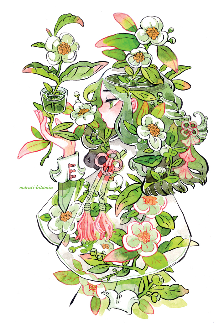 1girl, artist_name, braid, cape, commentary, cup, english_commentary, flower