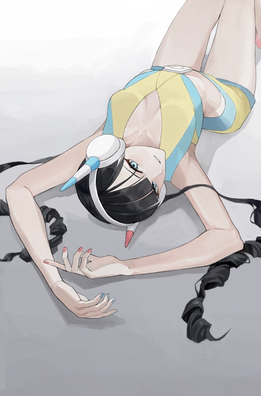 1girl, absurdres, blue_eyes, blue_nails, blunt_bangs, breasts, cleavage, collarbone, covered_navel, elesa_(pokemon), headphones, highres, lying, multicolored_nails, nintendo, on_back, pink_nails, pokemon, pokemon_black_2_and_white_2, sadoseja854000, short_hair_with_long_locks, sleeveless, solo