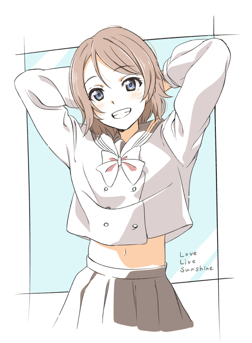 1girl, arms_up, blue_eyes, brown_hair, highres, kanbe_piroshiki, looking_at_viewer, love_live!