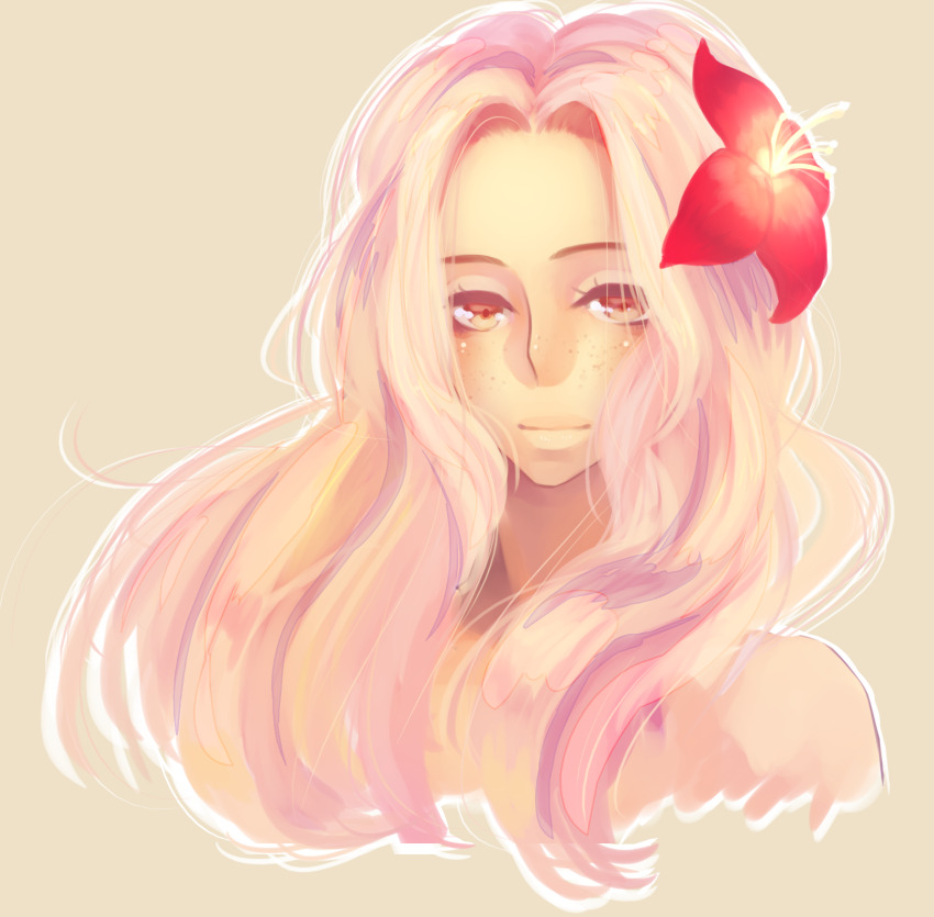 1girl, bare_shoulders, brown_background, commentary, cropped_torso, english_commentary, floating_hair, flower