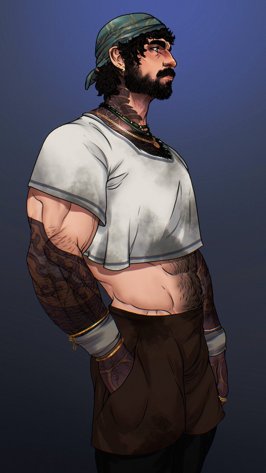 1boy, arabian_clothes, arm_tattoo, bandana, bara, beard, body_fur, chest_hair_peek