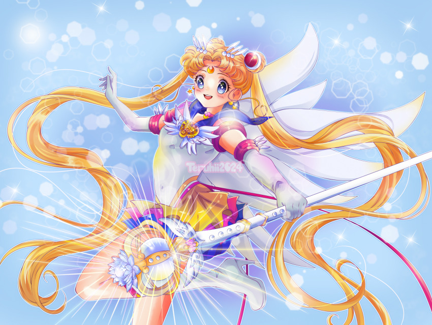 1girl, :p, bishoujo_senshi_sailor_moon, bishoujo_senshi_sailor_moon_stars, blonde_hair, blue_background, blue_eyes, blue_sailor_collar