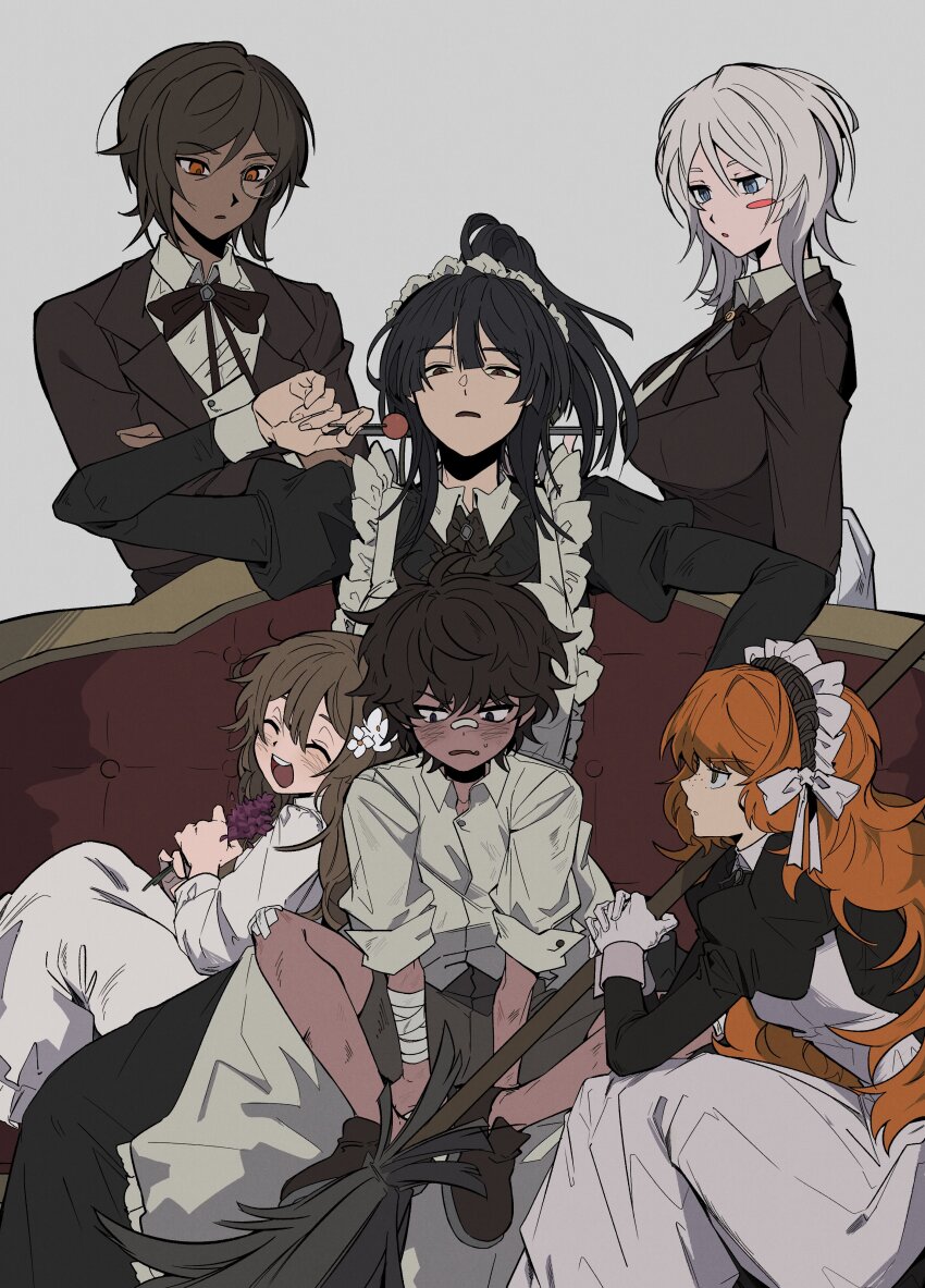 1boy, 5girls, absurdres, apron, bandage_on_knee, bandaged_arm, bandages, bandaid