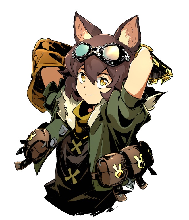 1boy, animal_ears, arms_behind_head, arms_up, brown_hair, closed_mouth, cropped_torso, etrian_odyssey
