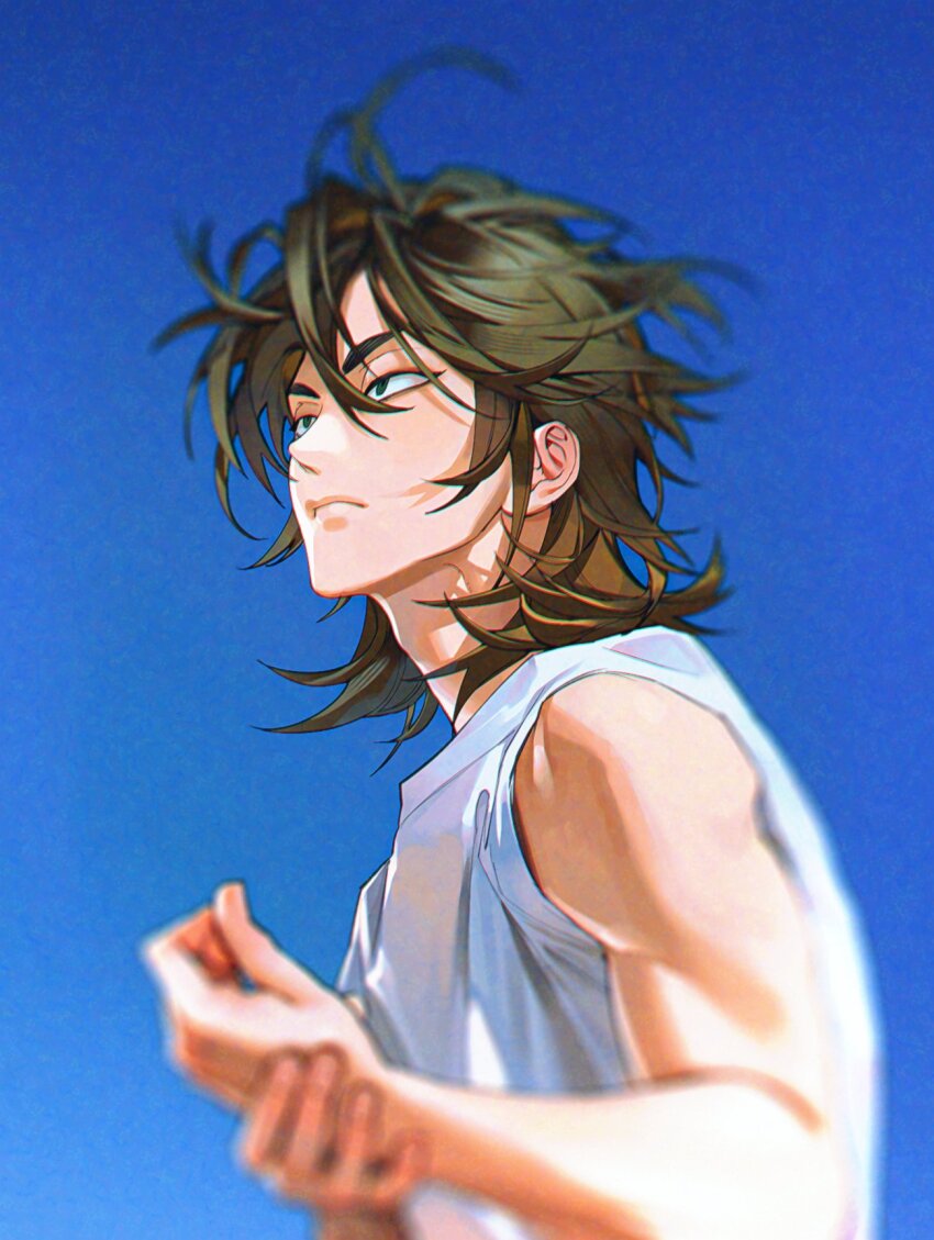 1boy, art_study, blue_background, blurry, brown_hair, chromatic_aberration, closed_mouth, commentary_request