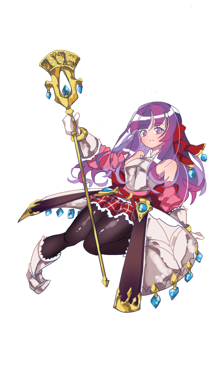 1girl, arianna_caledonia, armor, armored_boots, armored_skirt, ast., bare_shoulders, black_pantyhose, boots, breastplate, detached_sleeves, etrian_odyssey, frilled_skirt, frills, full_body, gloves, highres, holding, holding_staff, long_hair, miniskirt, pantyhose, plaid_clothes, plaid_skirt, purple_eyes, purple_hair, sekaiju_no_meikyuu, shin_sekaiju_no_meikyuu_2, skirt, staff