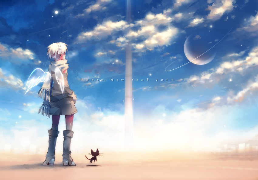 cat, cloud, mariko_(leda), pantyhose, planet, sky, solo, source_request