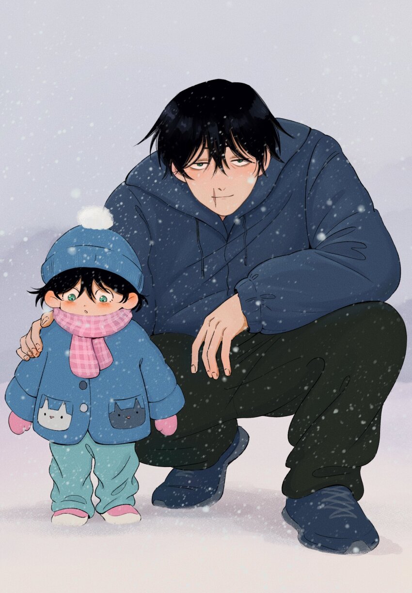 2boys, aged_down, black_hair, black_pants, blue_coat, blue_pants, coat, commentary