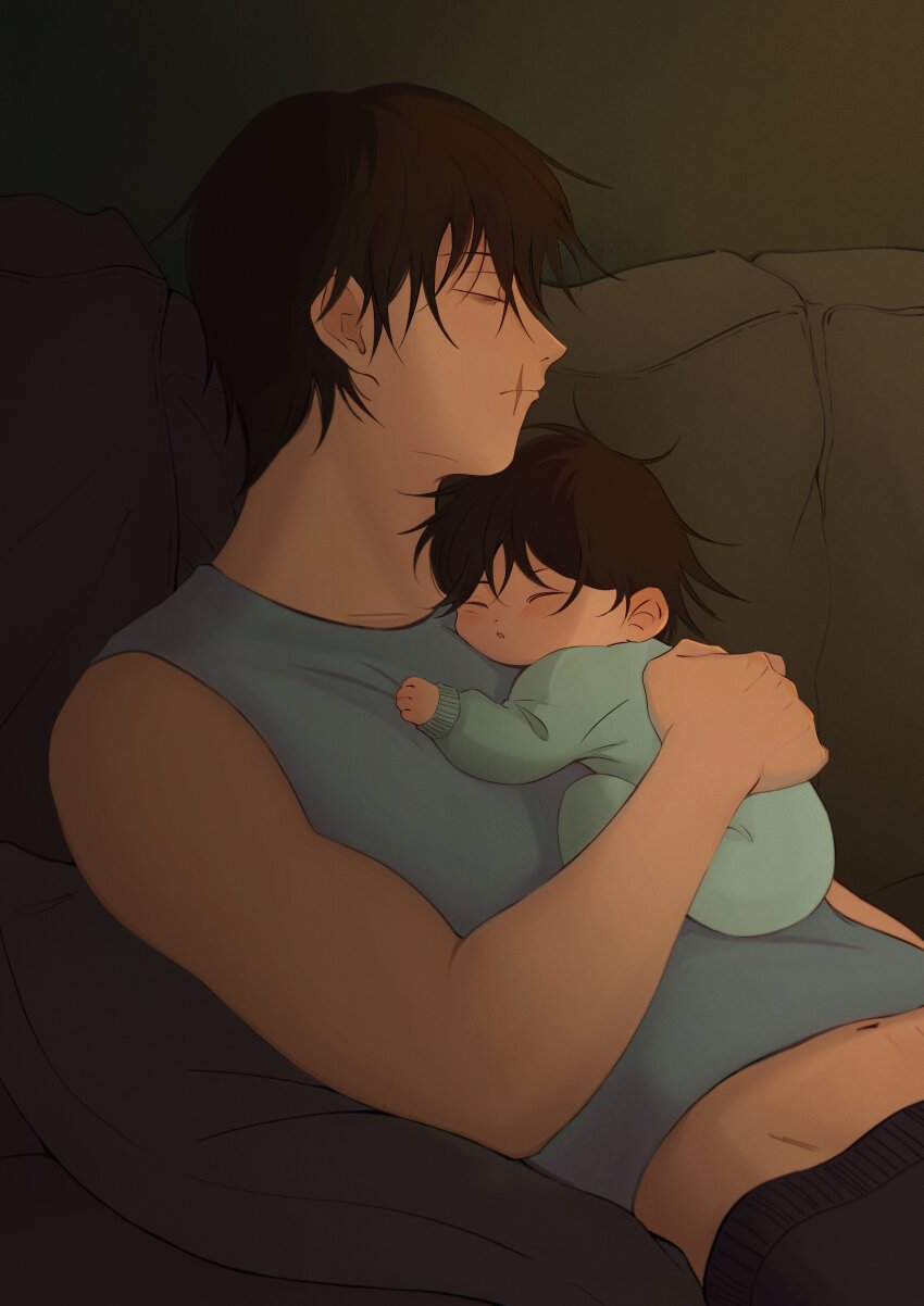 2boys, absurdres, aged_down, baby, black_hair, blue_pajamas, blue_tank_top, carrying