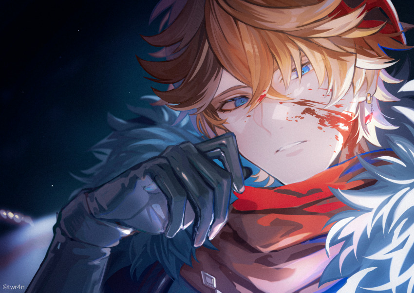 1boy, absurdres, artist_name, black_background, black_gloves, blood, blood_on_face, blue_eyes