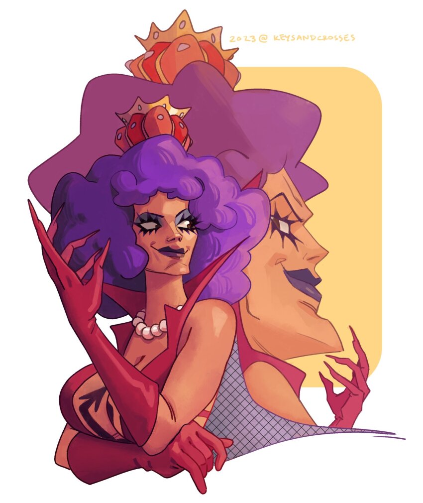 1boy, 1girl, 2023, breasts, chest_tattoo, cleavage, collared_dress, commentary