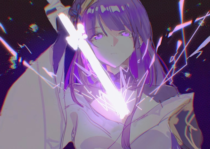 1girl, chasansui, electricity, energy_sword, genshin_impact, human_scabbard, japanese_clothes, kimono, looking_at_viewer, mole, mole_under_eye, purple_eyes, purple_hair, raiden_shogun, solo, sword, weapon
