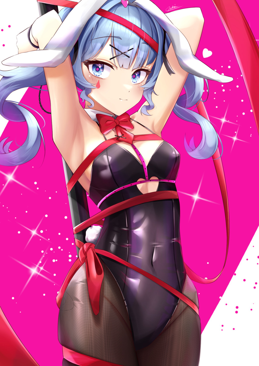 1girl, absurdres, animal_ears, armpits, bare_shoulders, black_leotard, blue_hair, bow, bowtie, breasts, closed_mouth, clothing_cutout, covered_navel, cowboy_shot, cutout_above_navel, detached_collar, diffraction_spikes, facial_mark, fake_animal_ears, fake_tail, hair_ornament, hatsune_miku, heart_cutout, highres, leotard, long_hair, looking_at_viewer, oukei, pantyhose, pink_pupils, playboy_bunny, pole, rabbit_ears, rabbit_hole_(vocaloid), rabbit_tail, red_bow, red_bowtie, red_ribbon, ribbon, small_breasts, solo, stripper_pole, tail, teardrop_facial_mark, twintails, vocaloid, x_hair_ornament