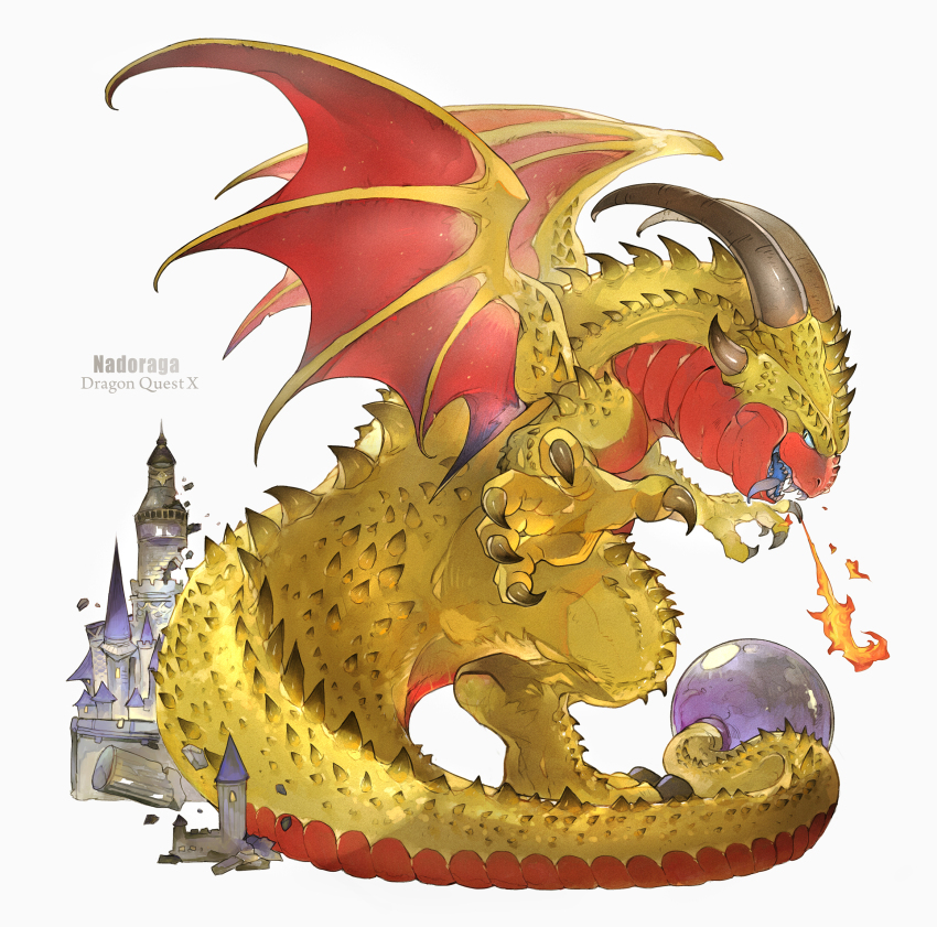 animal_focus, breath_weapon, breathing_fire, castle, character_name, claws, copyright_name, destruction