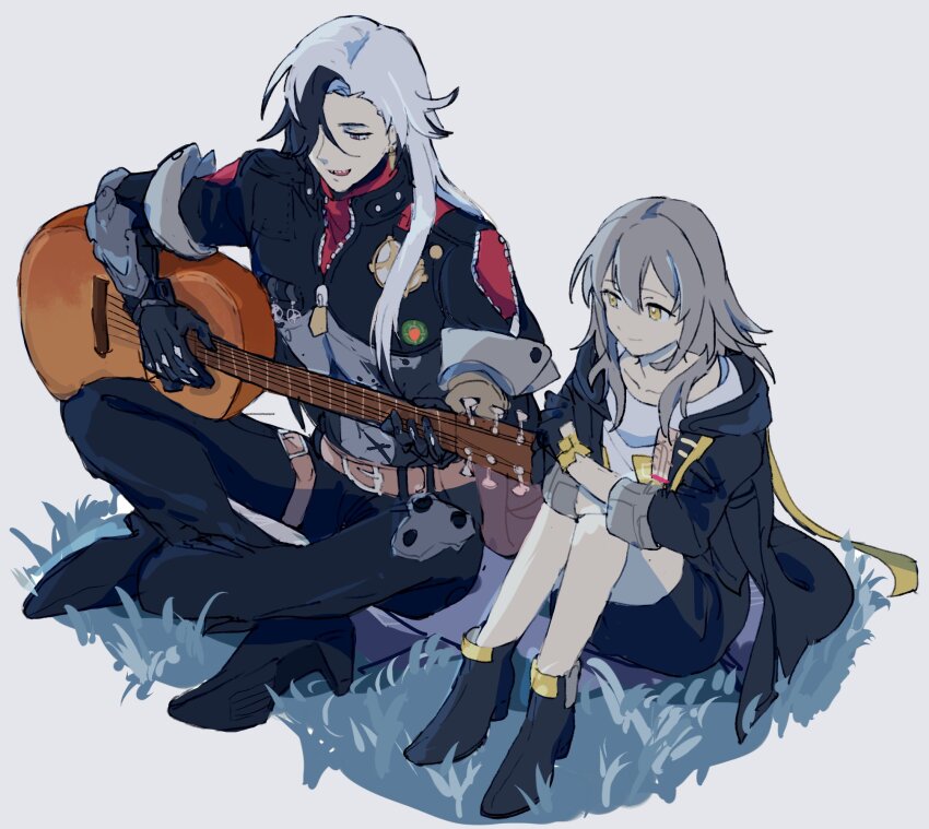 1boy, 1girl, black_coat, black_hair, boothill_(honkai:_star_rail), closed_mouth, coat, earrings, grey_hair, guitar, hair_over_one_eye, highres, holding, holding_guitar, holding_instrument, honkai:_star_rail, honkai_(series), instrument, jewelry, long_hair, medium_hair, multicolored_hair, open_mouth, shirt, shrug_(clothing), simple_background, sitting, sl_8u8, split-color_hair, stelle_(honkai:_star_rail), trailblazer_(honkai:_star_rail), two-tone_hair, white_hair, white_shirt, yellow_eyes, zipper