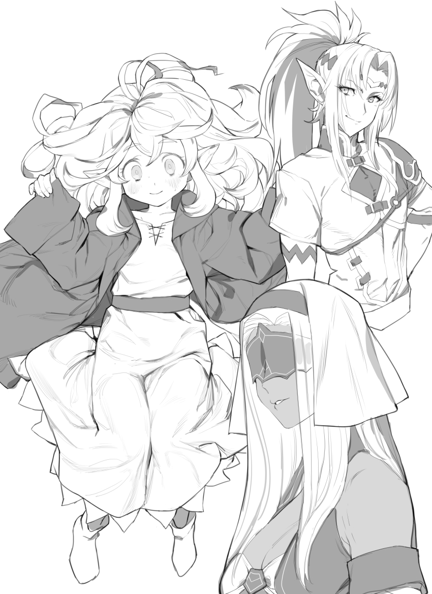 1boy, 2girls, absurdres, armor, belt, blush, boots, breasts, circlet, closed_mouth, curtained_hair, dark-skinned_female, dark_skin, dress, elf, eye_mask, greyscale, hair_spread_out, hand_on_own_hip, highres, jacket, knees_together_feet_apart, knees_up, large_breasts, layered_sleeves, long_hair, long_pointy_ears, long_sleeves, looking_at_viewer, lying, mary_(saihate_no_paladin), mask, meneldor, messy_hair, monochrome, multiple_girls, on_back, open_clothes, open_jacket, parted_lips, pauldrons, pinching_sleeves, pointy_ears, ponytail, robina_goodfellow, saihate_no_paladin, short_over_long_sleeves, short_sleeves, shoulder_armor, sidelocks, simple_background, single_pauldron, sleeveless, smile, smirk, soosaresu, veil