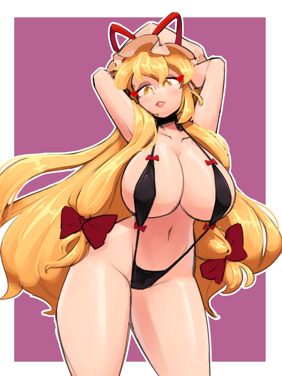 1girl, arms_behind_head, aronnecroman, bikini, black_bikini, blonde_hair, bow, breasts, collarbone, dress, hair_bow, hat, hat_ribbon, highres, lips, long_hair, looking_at_viewer, micro_bikini, midriff, mob_cap, multi-tied_hair, navel, open_mouth, red_bow, ribbon, slingshot_swimsuit, smile, solo, swimsuit, touhou, very_long_hair, yakumo_yukari, yellow_eyes, yukari's_gap_bikini