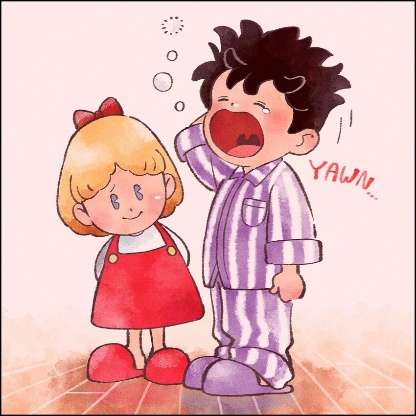 1boy, 1girl, arms_behind_back, black_hair, blonde_hair, blue_eyes, blue_footwear, blush