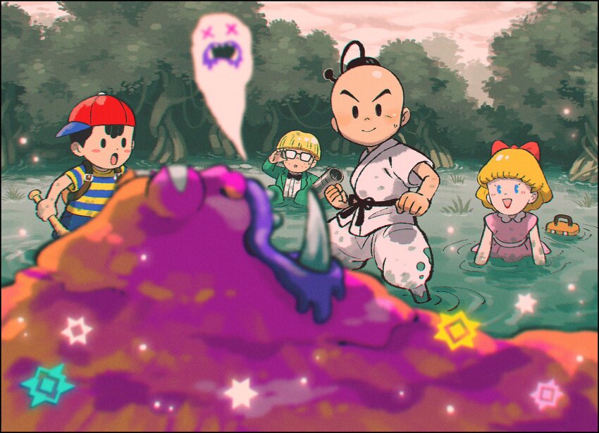 1girl, 3boys, baseball_bat, baseball_cap, black_bow, black_bowtie, black_eyes, blonde_hair