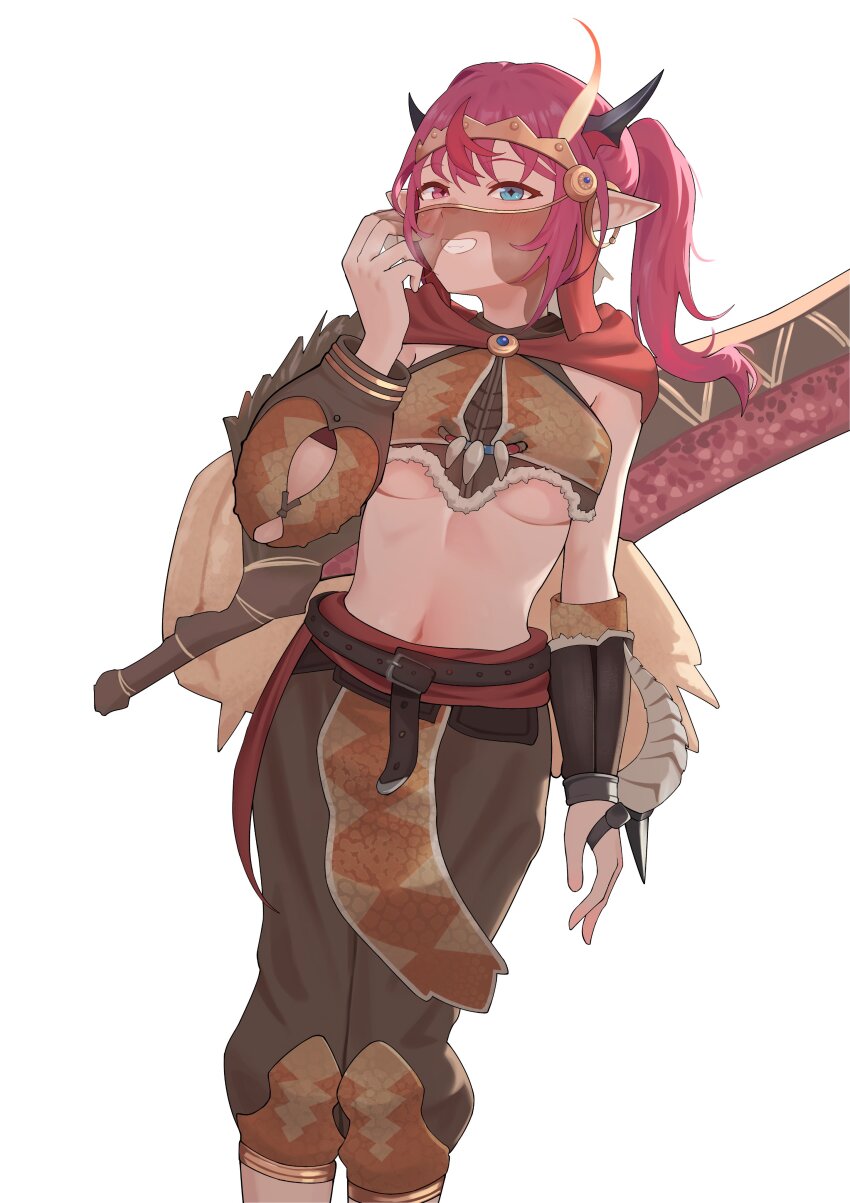 1girl, absurdres, armor, bare_shoulders, breasts, cape, demon_horns, heterochromia, highres, hololive, hololive_english, horns, irys_(hololive), kulu-ya-ku_(armor), leather, leather_armor, leather_pants, long_hair, looking_at_viewer, monster_hunter_(series), navel, pants, pointy_ears, ponytail, red_hair, shift_(shiftillust), simple_background, smile, solo, standing, steam, stomach, sword, tiara, underboob, virtual_youtuber, weapon, white_background