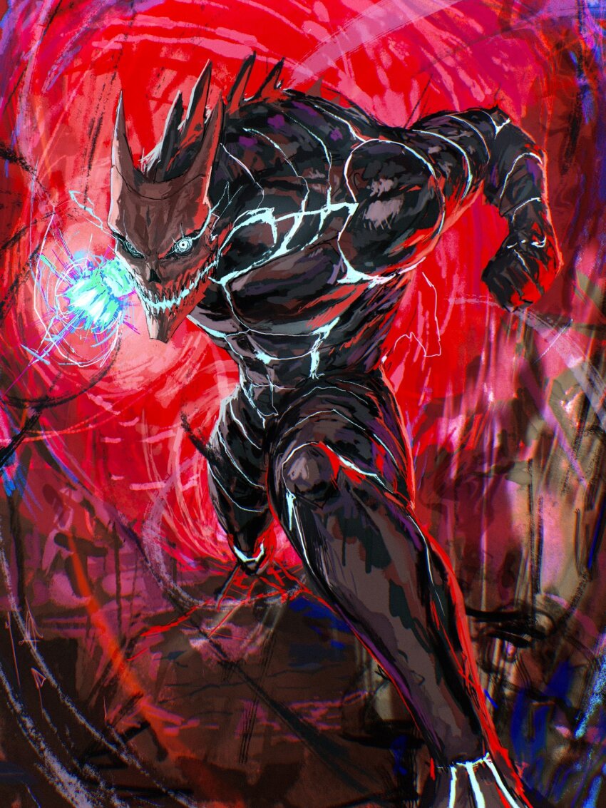 1boy, abs, black_scales, blue_eyes, glowing, glowing_arm, glowing_eyes, glowing_feet