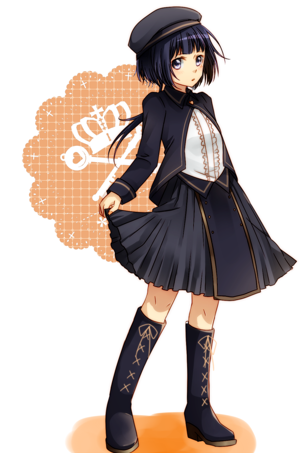 1girl, alternate_costume, beret, black_boots, black_hair, black_hat, black_jacket, black_skirt