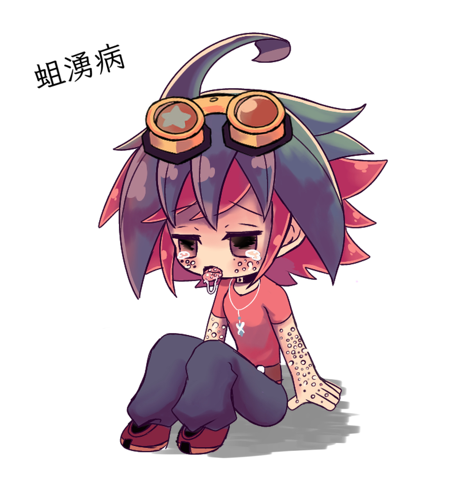 1boy, blue_pants, chibi, crying, crying_with_eyes_open, goggles, goggles_on_head, green_hair