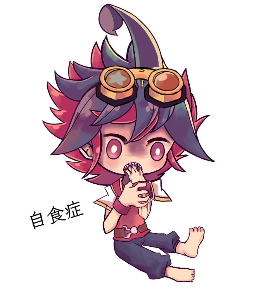 barefoot, blood, blood_on_hands, chibi, goggles, goggles_on_head, green_hair, hand_in_mouth