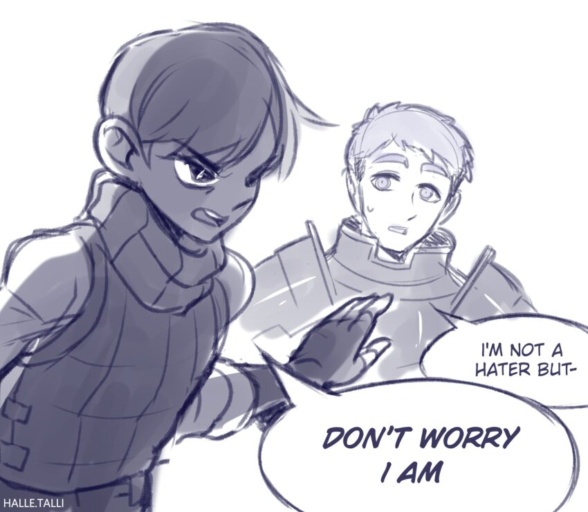 2boys, armor, artist_name, chilchuck_tims, commentary, dungeon_meshi, english_commentary, english_text