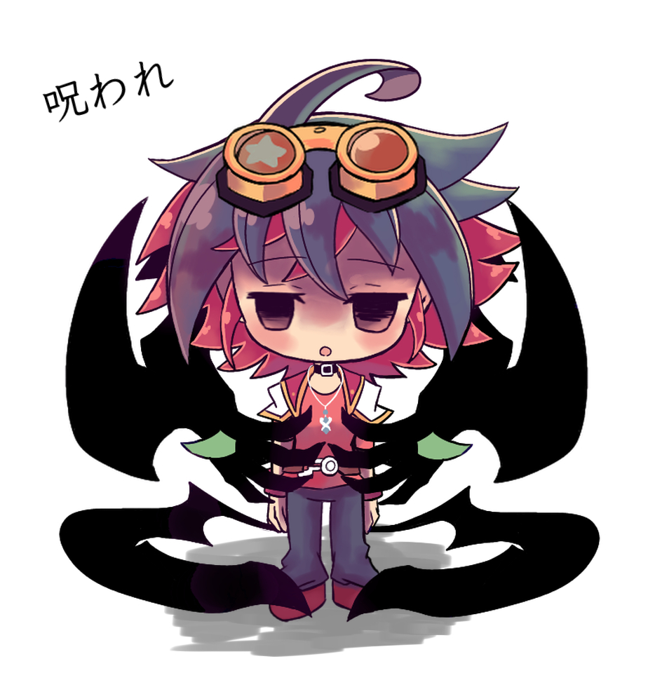1boy, chibi, goggles, goggles_on_head, green_hair, jewelry, necklace, red_hair, sakaki_yuya, shadow, uniform, white_background, yu-gi-oh!, yu-gi-oh!_arc-v, yutaka_(yu)