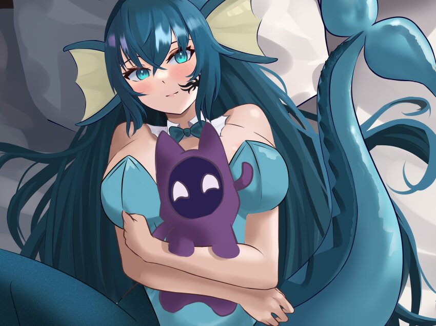 1girl, 1other, alternate_species, aqua_eyes, bare_arms, bare_shoulders, bed, between_breasts