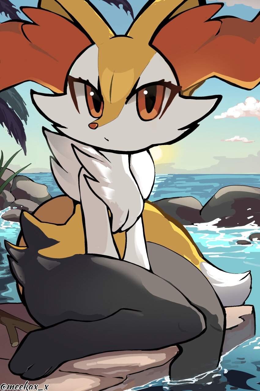 absurdres, braixen, closed_mouth, eyelashes, furry, gen_6_pokemon, grass, grey_fur