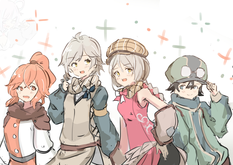 2boys, 2girls, anna_(fire_emblem), anna_(fire_emblem_engage), blonde_hair, braid, brown_scarf, clanne_(fire_emblem)