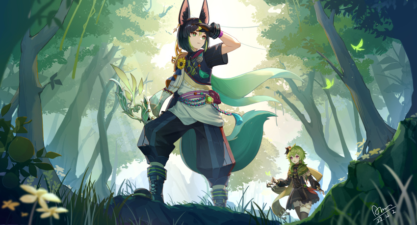 1boy, 1girl, :o, absurdres, animal_ear_fluff, animal_ears, arm_up, asymmetrical_sleeves