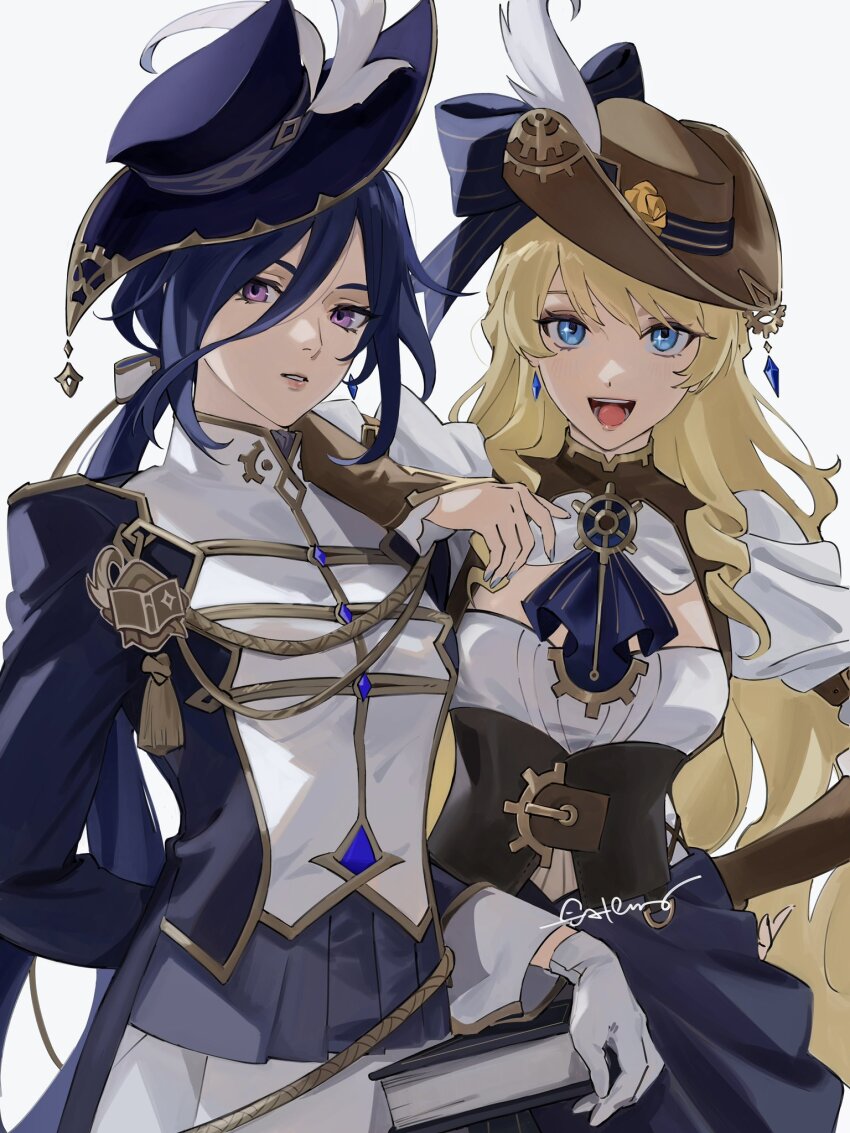 2girls, aiguillette, arm_behind_back, arm_on_another's_shoulder, ascot, atheko, blonde_hair, blue_ascot