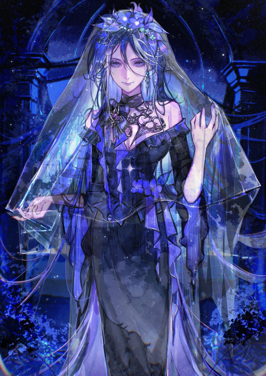 1girl, absurdres, adapted_costume, adela_(path_to_nowhere), bare_shoulders, black_dress, blue_eyes, blue_flower