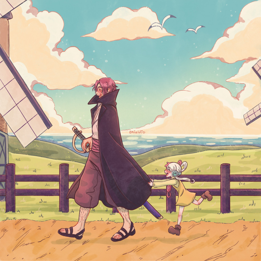 1boy, 1girl, aged_down, artist_name, blush, child, closed_eyes, cloud