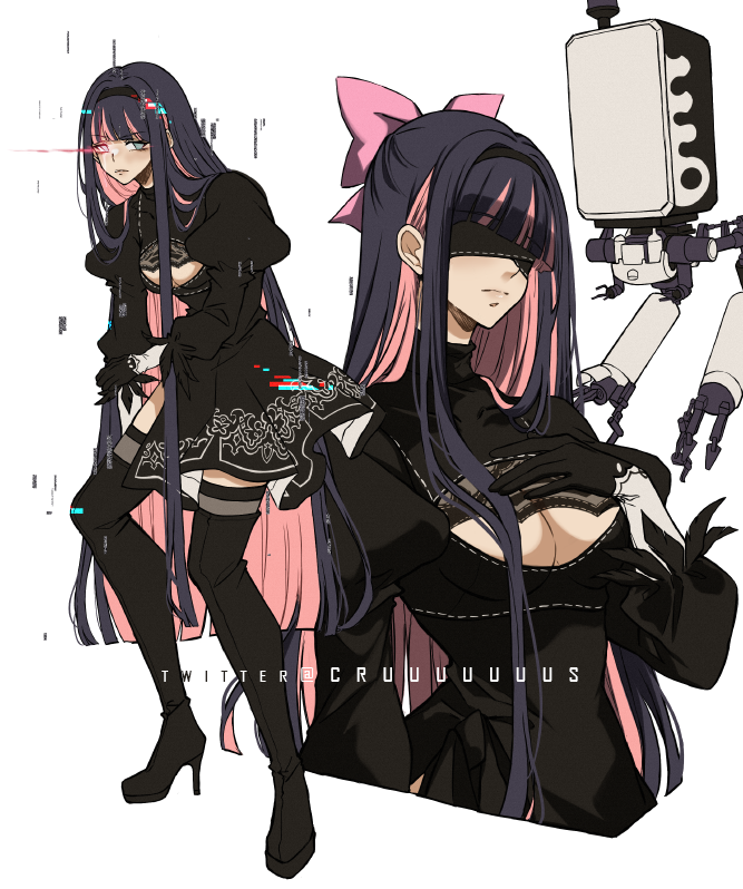 1girl, 2b_(nier:automata), 2b_(nier:automata)_(cosplay), black_boots, black_dress, black_hair, black_hairband, blindfold, boots, breasts, cleavage, clothing_cutout, cosplay, covered_eyes, criis-chan, dress, feather-trimmed_sleeves, feather_trim, glitch, grey_eyes, hair_ribbon, hairband, hand_on_own_arm, juliet_sleeves, long_hair, long_sleeves, looking_at_viewer, medium_breasts, multicolored_hair, multiple_girls, multiple_views, nier:automata, nier_(series), panty_&amp;_stocking_with_garterbelt, pink_ribbon, pod_(nier:automata), puffy_sleeves, ribbon, simple_background, standing, stocking_(psg), stoop, sword, thighhighs, weapon, white_background