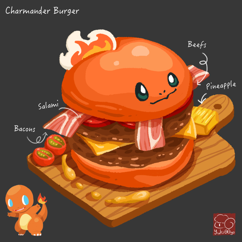 artist_logo, artist_name, bacon, bread, burger, character-themed_food, character_name, charmander