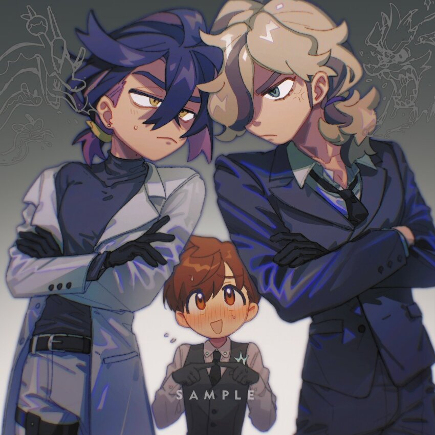 2boys, 3boys, alternate_costume, anger_vein, arven_(pokemon), black_gloves, black_hair, black_necktie, black_pants, black_sweater, black_vest, brown_hair, closed_mouth, coat, collared_shirt, crossed_arms, crossed_bangs, florian_(pokemon), gloves, hair_between_eyes, hair_over_one_eye, highres, hydrapple, index_fingers_together, jacket, kieran_(pokemon), kuma_8311, mabosstiff, male_focus, multiple_boys, necktie, nintendo, pants, pokemon, pokemon_scarlet_and_violet, ponytail, purple_hair, shirt, sweat, sweater, turtleneck, turtleneck_sweater, vest, white_coat, white_shirt