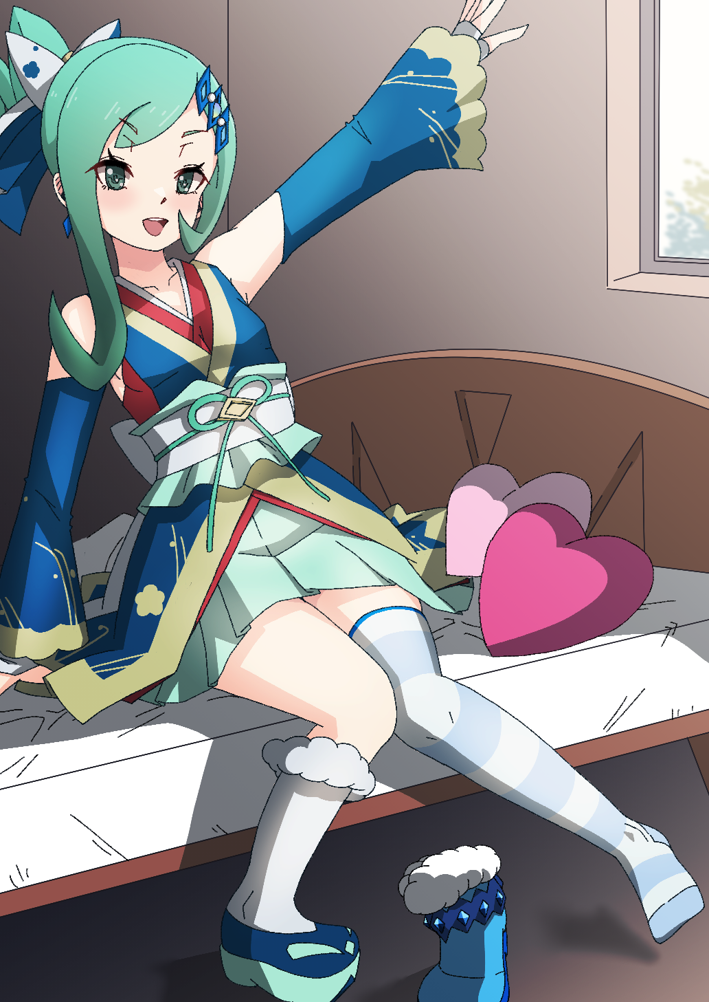 1girl, arm_up, bed, collarbone, commentary_request, detached_sleeves, green_eyes, green_hair, heart, heart-shaped_pillow, highres, kamix2_odai, lisia_(new_year's_2023)_(pokemon), lisia_(pokemon), looking_at_viewer, nintendo, official_alternate_costume, open_mouth, pillow, pokemon, pokemon_masters_ex, sash, sitting, solo, unworn_footwear, window