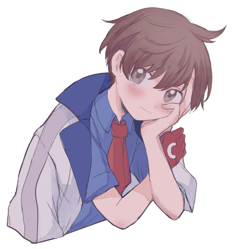 1boy, blue_shirt, blush, brown_eyes, brown_hair, closed_mouth, collared_shirt, cosplay