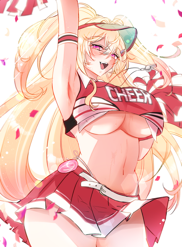 1girl, :d, arm_up, armpits, blonde_hair, blush, breasts, clay_(nikke)