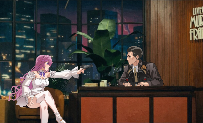 1boy, 1girl, batman_(series), breasts, brown_jacket, crossed_legs, detached_sleeves, dorothy_(nikke)