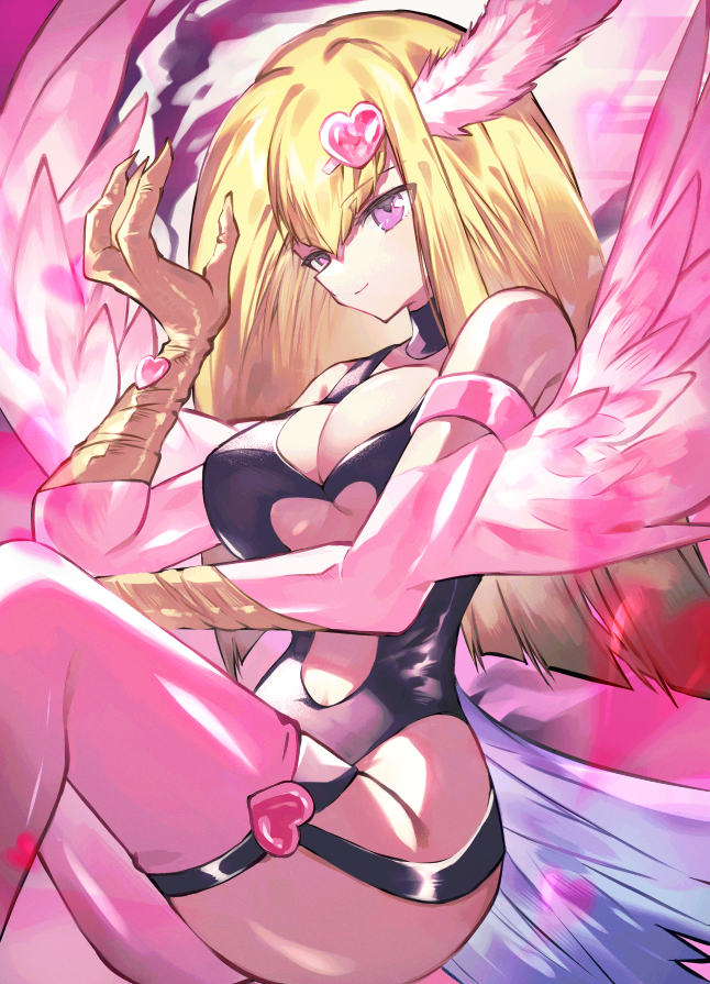 1girl, bare_shoulders, blonde_hair, breasts, claws, cleavage, duel_monster, feathered_wings, feathers, hair_ornament, hajime_daijo, harpie_girl_(yu-gi-oh!), harpy, heart, heart_hair_ornament, long_hair, medium_breasts, monster_girl, pink_feathers, pink_wings, purple_eyes, solo, thighhighs, winged_arms, wings, yu-gi-oh!