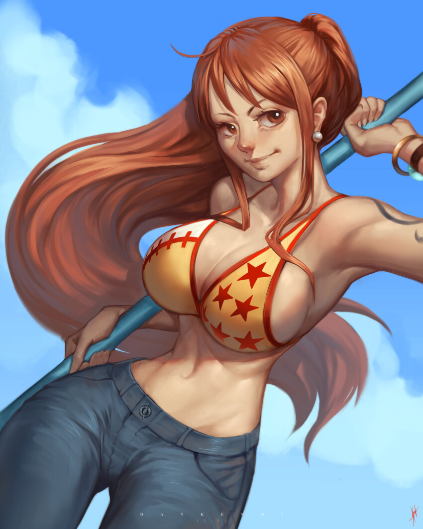 1girl, absurdres, arm_behind_head, arm_tattoo, armpits, artist_name, bare_shoulders, bikini, bikini_top_only, breasts, cleavage, cloud, cloudy_sky, commentary, dan_kendi, denim, earrings, english_commentary, highres, holding, holding_polearm, holding_weapon, jeans, jewelry, large_breasts, legs, long_hair, midriff, nami_(one_piece), nami_(one_piece)_(punk_hazard), navel, one_piece, orange_eyes, orange_hair, outdoors, pants, pearl_earrings, polearm, ponytail, signature, sky, smile, solo, swimsuit, tattoo, thighs, toned, weapon