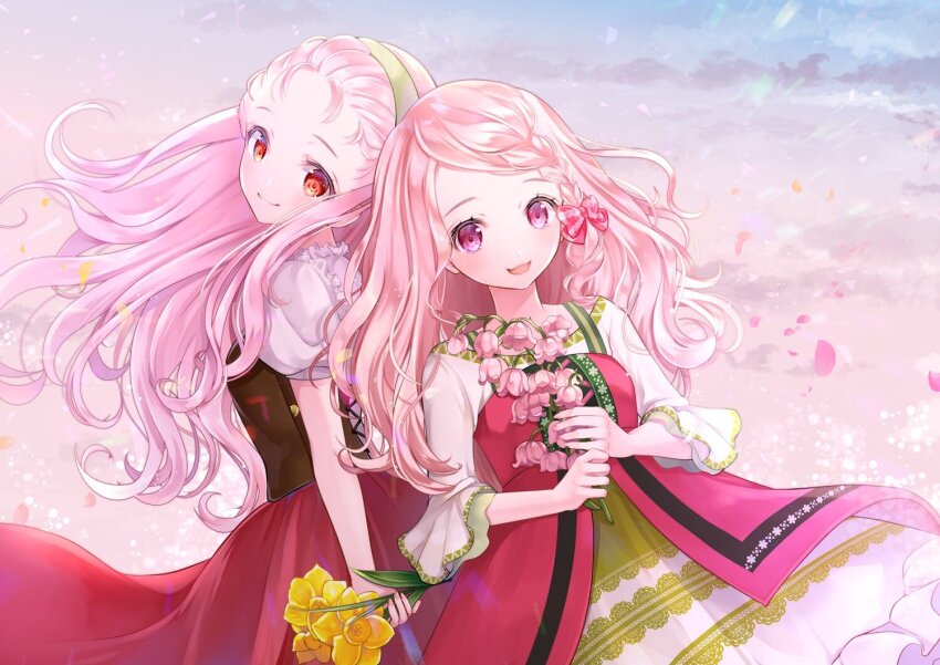 2girls, :d, bangs_pinned_back, black_bustier, bokujou_monogatari, bokujou_monogatari:_mineral_town_no_nakama_tachi, bokujou_monogatari:_saikai_no_mineral_town, bow